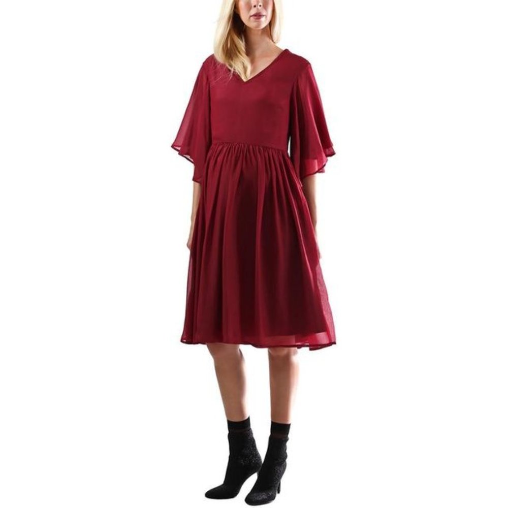 Studio18 Madeleine Maternity burgundy Anna Midi Dress short flutter sleeves XS 2